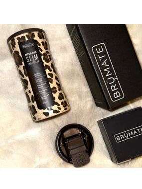 NEW! BRUMATE Latte Leopard Limited Ed. Slim Can Coozie 12oz & BevLock Lid NWT!